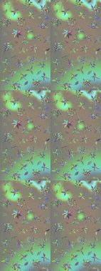 Çok renkli ve gri zarif küçük çiçekler ve bej ve gri renkli komik böcekler, raster desen, çizim.