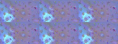 Nazik romantik baskı. Tatil havası. Bahar mevsimi. Mor ve mavi renkte çiçekler. Raster güzel bir çiçek deseni çiziyor..