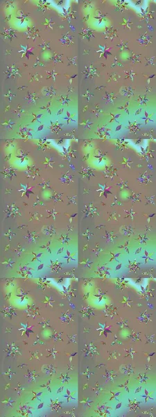 Çok renkli ve gri zarif küçük çiçekler ve bej ve gri renkli komik böcekler, raster desen, çizim.