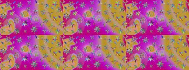 Eskiz arkaplan modeli. Raster - stok. Yapraklı çiçekler ve mor çiçekli papatya çiçekleri ve sarı renkler.