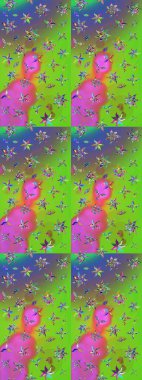 Yeşil ve mor renklerde. Çiçek buketleriyle klasik bir eskiz şekli. Raster illüstrasyonu.