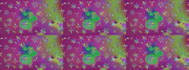 Suluboya elle çizilmiş çiçek desenli eskiz deseni. Parlak renkli fantezi çiçekleri, yapraklar, mor ve yeşil renkli tomurcuklar, mor ve yeşil.