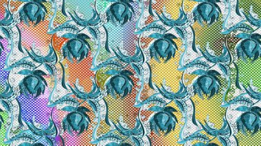 Mavi, nötr ve gri renkte çiçekler. Düz Çiçek Elementleri Tasarımı. Renkli Bahar Teması el yapısı arka plan. Raster illüstrasyonunda El Çiçeği Deseni.