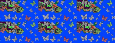 Raster illüstrasyonu. Kumaş, Tekstil, Baskı ve Davetiye için arka plan. Mavi ve gri arkaplanda kelebek deseni.