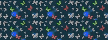Klasik tarzda hem de. Mavi ve gri renkli bir resim. Raster illüstrasyonu. El çizimi, suluboya desenli kelebeklerin çizimi..