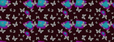 Colored butterflies on a brown and gray background. Colorful folk raster sketch pattern with butterflies. Suitable for packaging, paper, fabric.