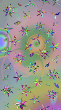 Soyut etnik raster çizim kalıbı. Vadinin çiçekleri tarafsız ve yeşil renklerde. Çiçekler..