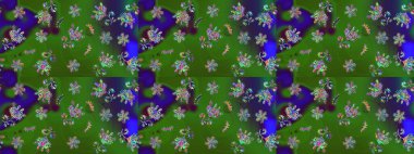 Yeşil ve mavi kıvırcık çiçekler yeşil ve mavi renklerde şekillenir. Raster illüstrasyonu. Klasik çiçek tasarım elementleri.