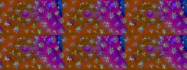 Raster Modaya uygun kumaş deseni. Kahverengi ve mor renkli şirin çiçek desenleri. Renkli Bahar Teması eskiz kalıbı. Düz Çiçek Elementleri Tasarımı.