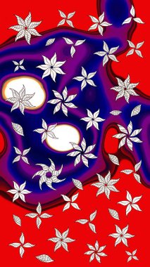 Kırmızı ve mavi renklerde. Raster illüstrasyonu. 3D çiçekler, çizim.