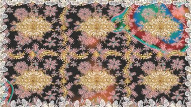 Kına dövmeli süs çiçekleri, altın çıkartmalar, mehndi ve yoga tasarımı, kartlar ve parmak izleri. Raster Golden Mehndi kusursuz desen. Gri renklerde desen.