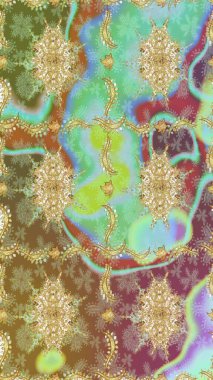 İslam tasarımı. Kusursuz desenli oryantal süs. Altın elementlerle nötr renklerde altın desen. Çiçek kiremitleri. Raster altın tekstil baskısı.