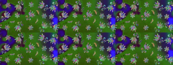 Yeşil ve mavi kıvırcık çiçekler yeşil ve mavi renklerde şekillenir. Raster illüstrasyonu. Klasik çiçek tasarım elementleri.
