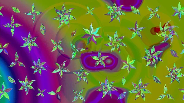 Raster illüstrasyonu. Asya tekstil tarzında. Raster illüstrasyonu. Çiçek desenli çizim. Yeşil ve mor renkte çiçekler.