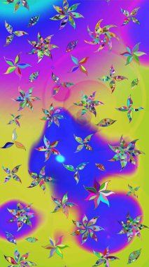 Raster illüstrasyonu. Mor ve mavi renklere karalamalar çizilmiş çiçek deseni.