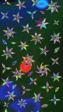 Mavi ve yeşil çiçekli bahar çiçekleri. Motley illüstrasyonu. Küçük çiçekte güzel bir desen. Moda baskıları için zarif bir şablon. Küçük renkli çiçekler..