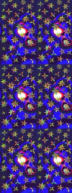 1950-1960 motifleri. Mor ve mavi üzerine mor ve mavi. El çizimi çiçek unsurları olan soyut çizim raster deseni. Retro tekstil tasarım koleksiyonu. Çiçekli ipek eşarp..