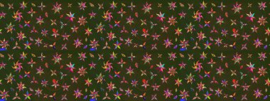 Renkli Bahar Teması eskiz kalıbı. Düz Çiçek Elementleri Tasarımı. Parlak arkaplan eskiz desenli çiçekli fantezi tasarımı.