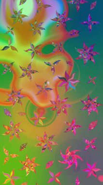 Yeşil ve mavi renkli etnik çiçekli zarif eskiz deseni. Asya Tekstil 'inde Raster Çiçek İllüstrasyonu.