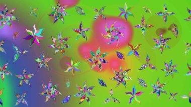 Raster illüstrasyonu. Çiçek ve yapraklı karalama şeklinde Raster çiçek deseni. Yumuşak, bahar çiçekleri yeşil ve mor renklerde.