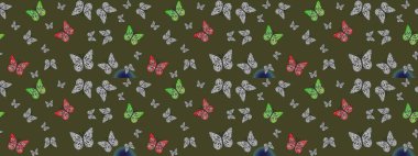 Robot resim. Raster. Yeşil ve gri arka planda bir resim. Kelebek deseni. Kumaş, tekstil, baskı ve davet için desen.