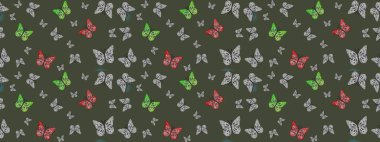 Bir sürü kelebek desenli çizim. Fantezi çizimi. Yeşil ve gri renkli resimler. Erkekler, kızlar, kıyafetler, duvar kağıtları için soyut bir model. Raster..