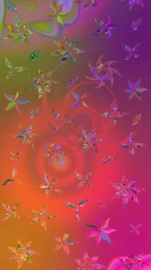 Raster illüstrasyonu. Mor ve turuncu renkli Asya tekstili. Suluboya çiçekli çiçek deseni.