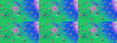 Düz Çiçek Elementleri Tasarımı. Renkli Bahar Teması eskiz kalıbı. Çiçek desenli eskiz, yaz çiçekleri. Yeşil ve mavi renkte çiçekler.