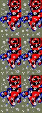 Parlak çiçekli kolaj çiçekleri yeşil ve kırmızı. Çiçekli zambakların eskiz geçmişi. Çiçek tasarımı için inanılmaz kolaj cennet tarzı..