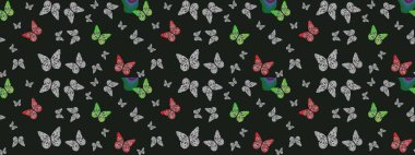 Summer Background with butterflies gray and black colors. Raster Background with Moth. Trendy Decoration with Beautiful Butterfly Silhouettes. Simple Feminine Pattern for Card, Invitation, Print.