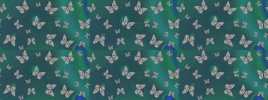 Suitable for packaging, paper, fabric. Colorful folk raster sketch pattern with butterflies. Colored butterflies on a blue and green background.