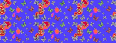 Raster illüstrasyonu. Tropikal temalı kelebek deseni. Tekstil, duvar kâğıtları, web sayfası arkaplanları ve yüzey dokuları için mükemmel. Mor ve gri renkte sevimli kelebek çizim deseni.