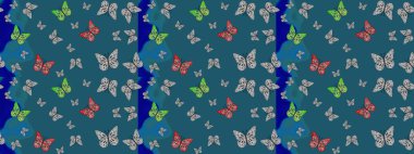 Robot resim. Kelebekli tasarım. Raster illüstrasyonu. Çizim, karalama, karalama. Sonsuz. Mavi arka planda kelebekler.