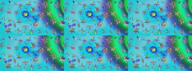 Raster düz çiçek çizim deseni. Hediye ambalaj kağıdı, tebrik kartları, posterler ve pankart tasarımı. Mavi ve yeşil renkte çiçekler.