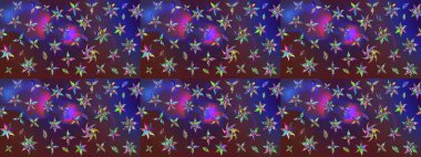 Asya tekstil tarzında. Renkli Bahar Teması eskiz kalıbı. Düz Çiçek Elementleri Tasarımı. Mor ve mor renkli çiçekler. Raster illüstrasyonu. Çiçek desenini çiz.