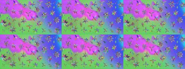 Mor ve yeşil renklerde. 3D çiçekler, eskiz. Raster illüstrasyonu.