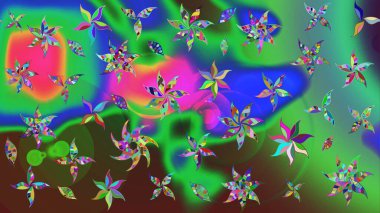 Şirin çiçekli eskiz deseni ve yeşil ve mavi renkli yapraklar, suluboya çiçek deseni, duvar kağıdı, kart ya da kumaş için fayanslı. Raster illüstrasyonu.