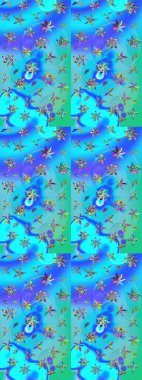 Raster Çiçek İllüstrasyonu 'nun şirin tekstili. Mavi ve yeşil renkli etnik çiçeklerle zarif bir eskiz deseni.