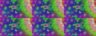 Çiçek tasarımı için inanılmaz bir kolaj cenneti tarzı. Parlak çiçekli kolaj çiçekleri yeşil ve mavi. Çiçekli zambaklar eskiz arka planı.