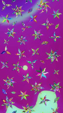 Parlak renkli çiçekleri ve mor ve mor renkli yaprakları olan harika bir çiçek deseni. Moda baskıları için zarif bir şablon. Modern çiçek arkaplanı. Halk stili.