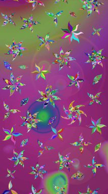 Çiçekli karalama şeklinde Raster çiçek deseni. Yumuşak, bahar çiçekli arka plan. Mor ve yeşil renkte çiçekler.