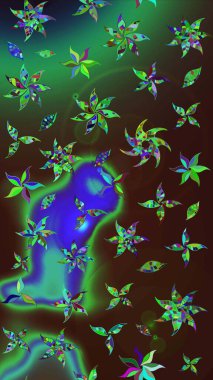 Çiçek ve yapraklı karalama şeklinde Raster çiçek deseni. Kahverengi ve yeşil renklerde bahar çiçekleri. Raster illüstrasyonu.