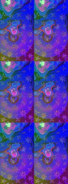 Çiçekli ipek eşarp. Mor ve mavi üzerine mor ve mavi. 1950-1960 motifleri. Retro tekstil tasarım koleksiyonu. El çizimi çiçek elementleri ile soyut çizim raster deseni.