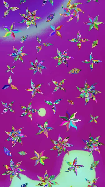 Parlak renkli çiçekleri ve mor ve mor renkli yaprakları olan harika bir çiçek deseni. Moda baskıları için zarif bir şablon. Modern çiçek arkaplanı. Halk stili.