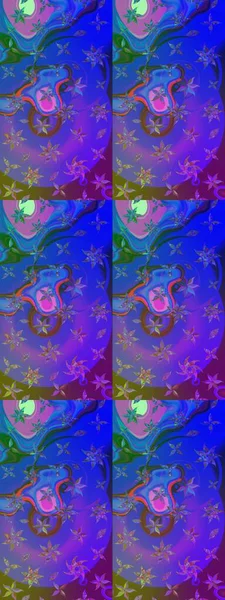 Çiçekli ipek eşarp. Mor ve mavi üzerine mor ve mavi. 1950-1960 motifleri. Retro tekstil tasarım koleksiyonu. El çizimi çiçek elementleri ile soyut çizim raster deseni.