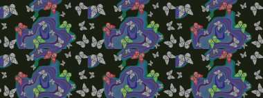 Suluboya soyut parlak desenli kelebek kanatları, retro renkler. Kumaş, tekstil, baskı ve davetiye için arka plan. Gri ve mavi renkli resimler.