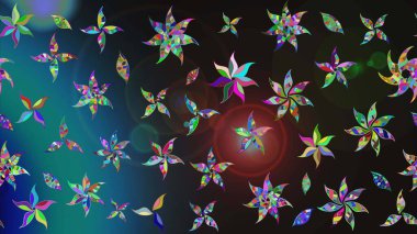 Çiçekler. Soyut etnik raster çizim kalıbı. Vadinin çiçekleri gri ve mavi renklerde.