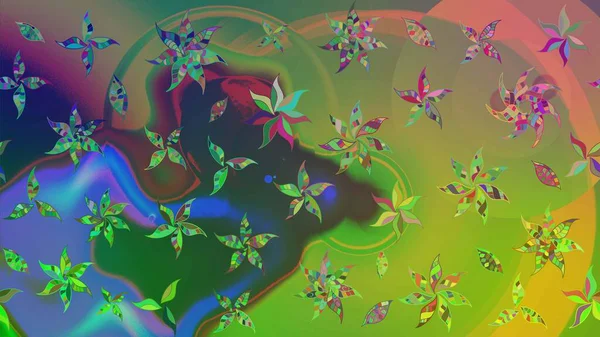 Çiçek desenli çizim. Raster illüstrasyonu. Asya tekstil tarzında. Yeşil ve mavi renkte çiçekler. Renkli Bahar Teması eskiz kalıbı. Düz Çiçek Elementleri Tasarımı.