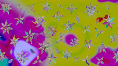 Klasik çiçek tasarımı elementleri. Yeşil ve mor kıvırcık çiçekler yeşil ve mor renklerde şekillenir. Raster illüstrasyonu.