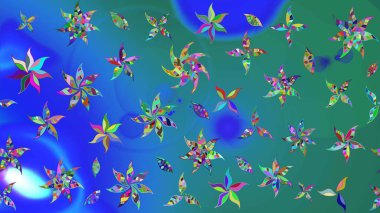 Raster illüstrasyonundaki çiçek desenli çizim. Mavi ve yeşil renkli çiçekler. Renkli Bahar Teması eskiz kalıbı. Düz Çiçek Elementleri Tasarımı.